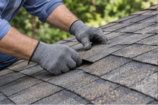 Gloved hands inspecting asphalt shingles