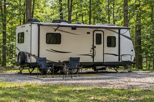 Travel trailer at a wooded campsite · RV Insurance Tallahassee FL